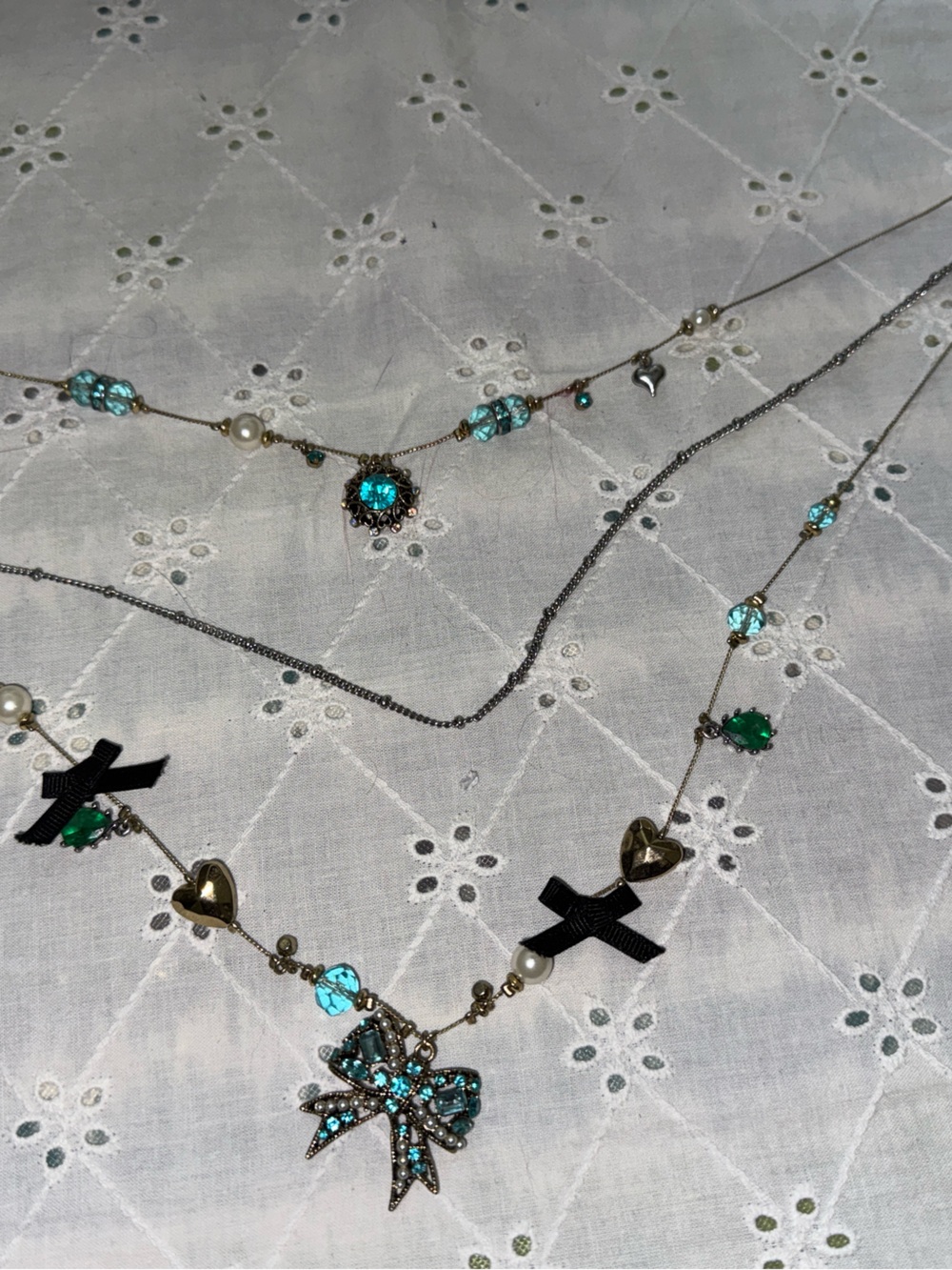 Betsey Johnson Turquoise & Emerald Bow Layered Necklace with Gold Hearts